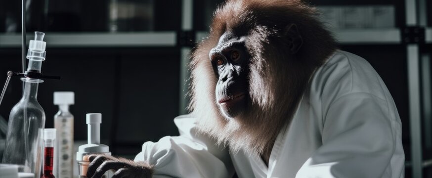 A monkey in a lab coat sitting at a table. AI generative image.