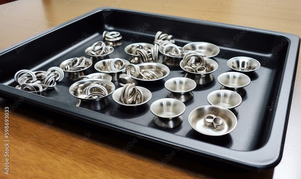 Poster a tray with a bunch of metal buttons on it on a table. generative ai