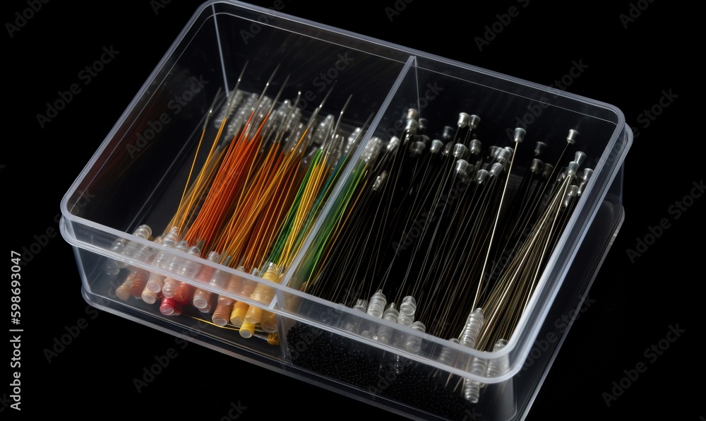 Poster a plastic container filled with lots of different colored needles and needles. generative ai