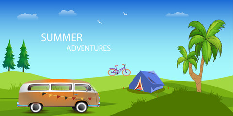 Set of Summer travel elements: camping, bicycle, travel van/bus, green landscapes, Palm trees, blue sky, birds and clouds. Vector Illustration.