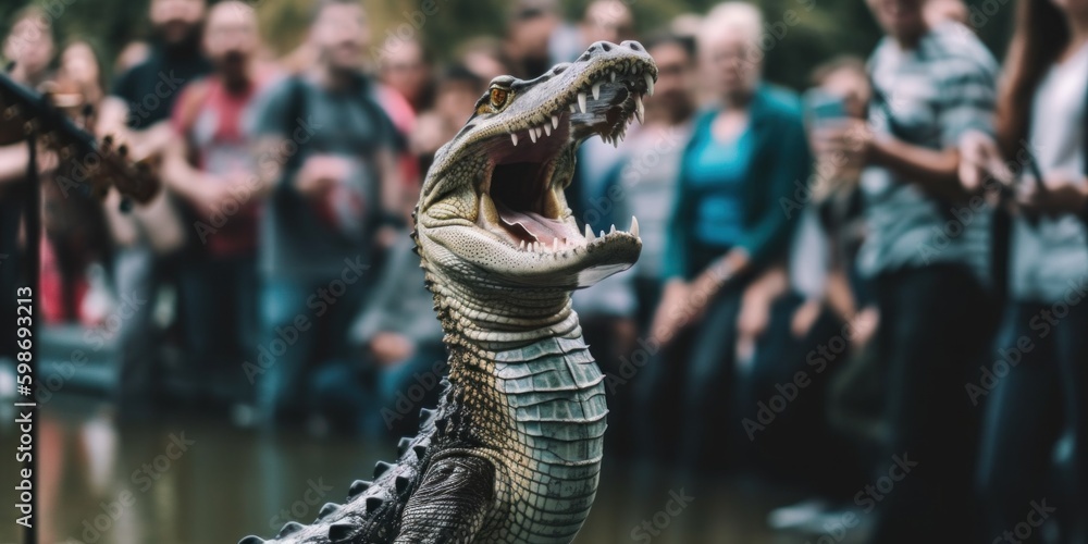 Aufkleber a statue of a crocodile with its mouth open in front of a crowd. ai generative image.
