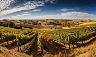 Fototapeta premium a vineyard in the middle of a large field of grass. generative ai