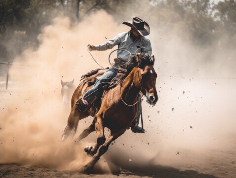 A man in a cowboy hat riding a horse. AI generative image.