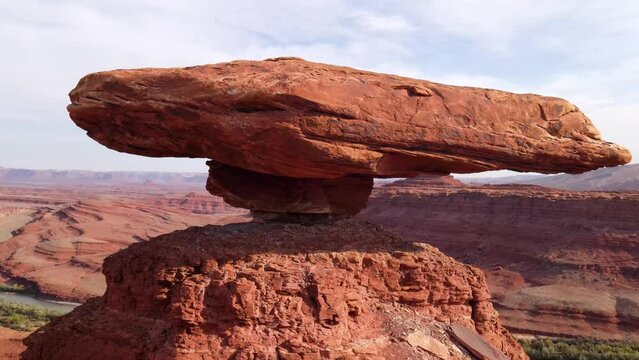 Aerial shot of the amazing balancing rock formation of Mexican Hat in Southern Utah
