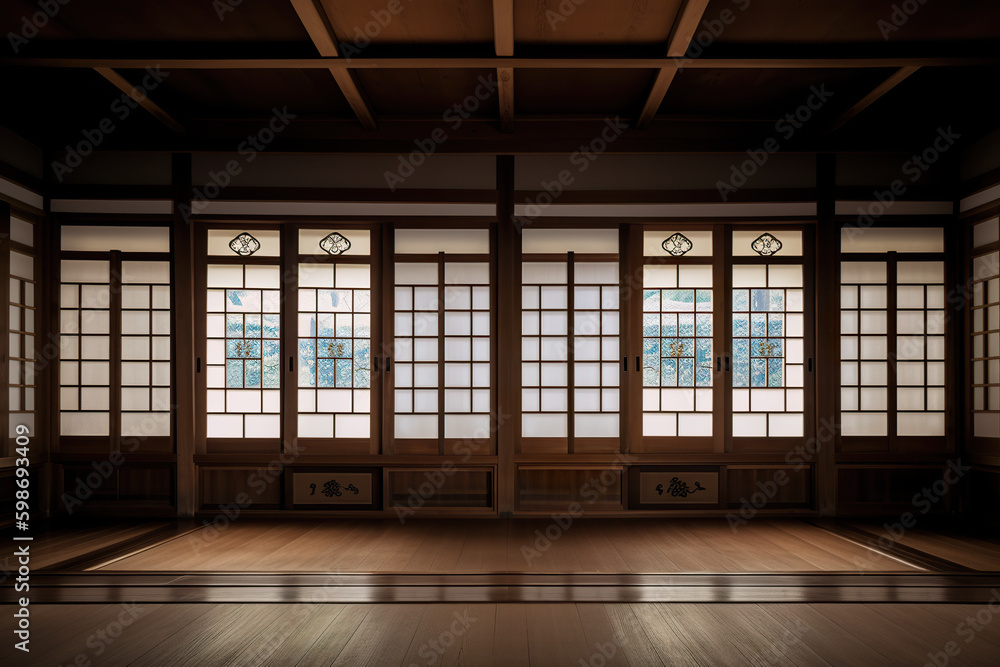 Poster engawa house, japanese style. empty room with wooden floors and windows. ai generative.an empty room