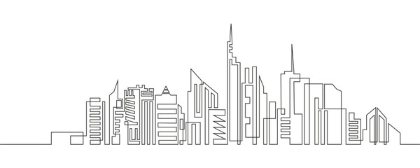 Continuous line drawing of house, residential building concept. Panoramic landscape of metropolis architecture, skyscrapers.