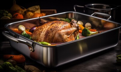 Fototapeta premium a turkey in a roasting pan on a table with vegetables. generative ai