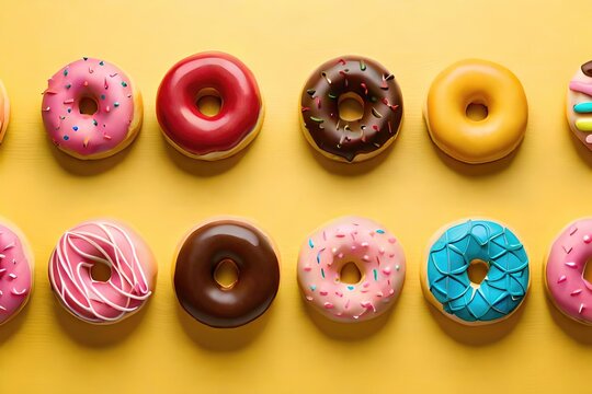Picture of assorted donuts pink glazed and sprinkles donuts. Generated by AI