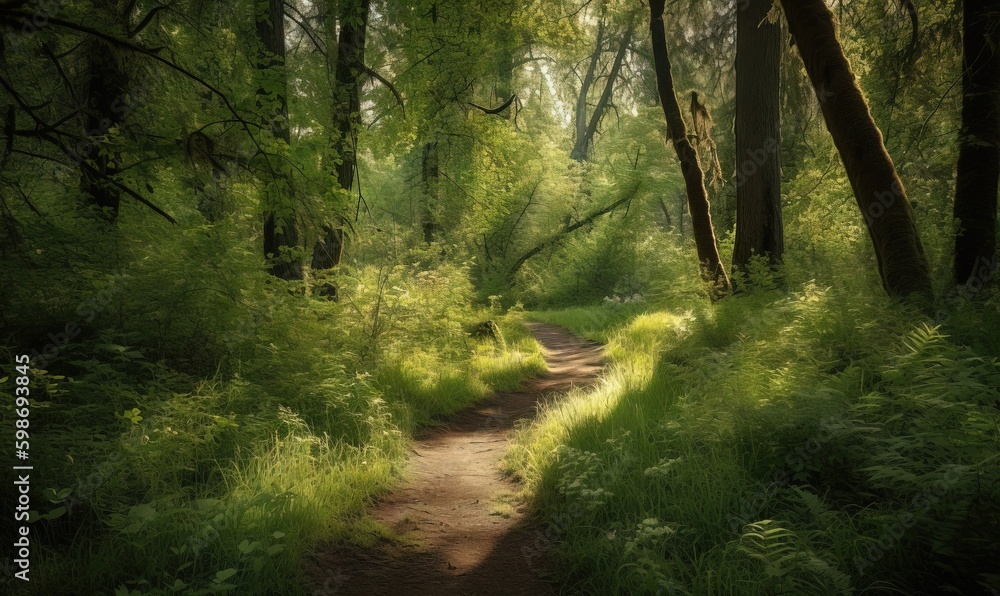 Poster a dirt path in a forest with tall grass and trees. generative ai