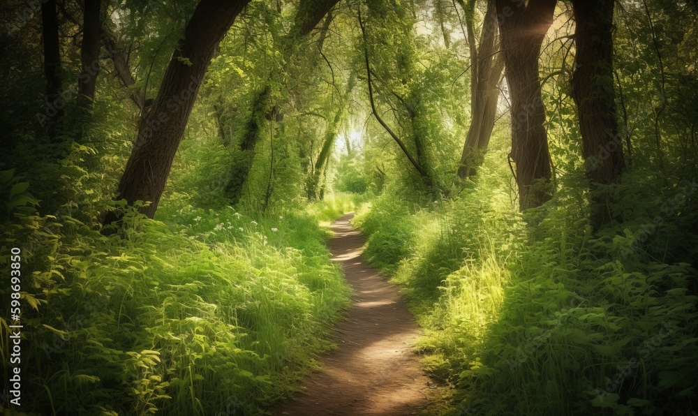 Poster a path through a forest with tall trees and green grass. generative ai