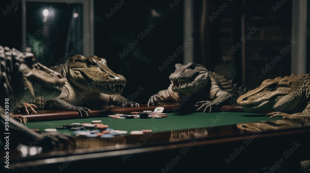 Poster several alligators sitting on top of a table playong poker. ai generative image.
