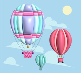 3d aerostats in the sky, a set of balloons for flight, 3d elements for the design of travel apps and websites
