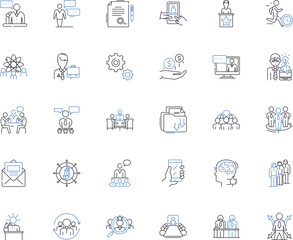Work essentials line icons collection. Laptop, Desk, Notebook, Pen, Calculator, Calendar, Keyboard vector and linear illustration. Mouse,Headphs,Briefcase outline signs set Generative AI