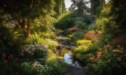  a stream running through a lush green forest filled with flowers.  generative ai