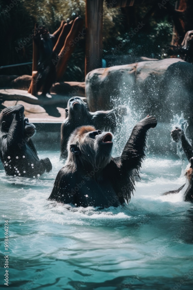 Aufkleber a group of bears playing in a pool of water. ai generative image.