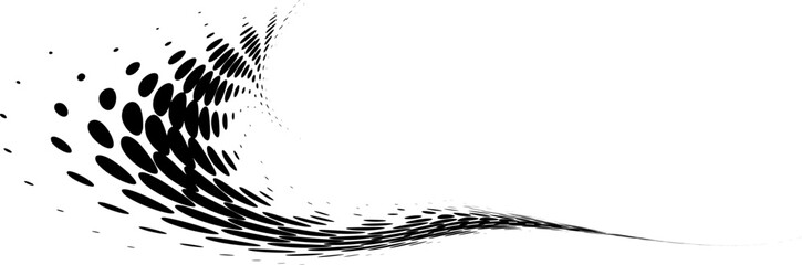 Swirling halftone polka dot and petal border. Radially expanding balls. Vector.