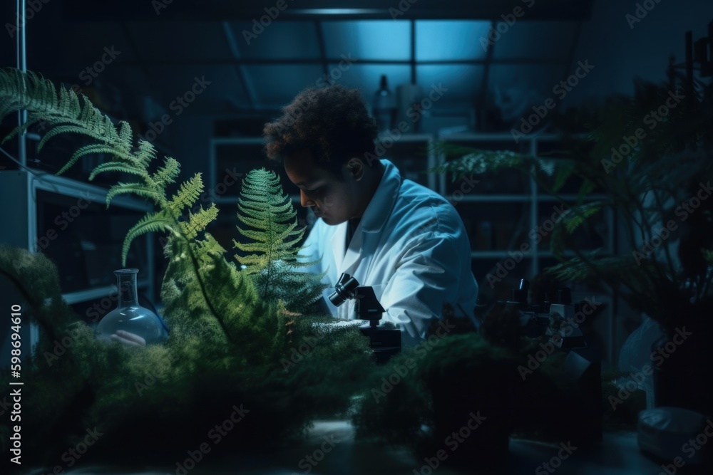 Poster a man in a lab coat working on plants. ai generative image.