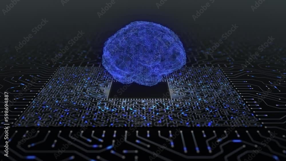 Poster the digital brain spins over futuristic motherboard circuits. seamless loop.