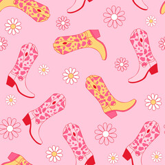 Retro seamless pattern with Cowgirl boots and flowers. Boots with ornament. Wild West fashion style vector for invitation, wrapping paper, packaging etc.