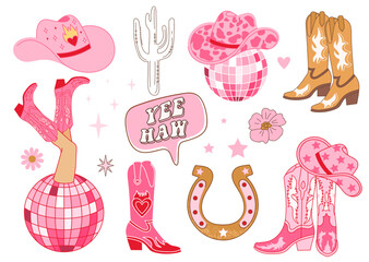 Collection of retro Cowboy fashion elements. Cowgirl boots, disco ball, hat, horseshoe, cactus and lettering. Cowboy western and wild west theme. Hand drawn vector. - obrazy, fototapety, plakaty