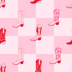 Retro pink seamless pattern with Cowgirl boots on checkerboard backgroung. Wild West fashion style vector for invitation, wrapping paper, packaging etc.