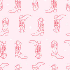 Retro seamless pattern with delicate linear Cowgirl boots. Wild West fashion style vector for invitation, wrapping paper, packaging etc.