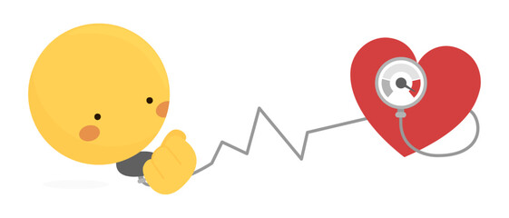 Cardiologist Yellow emoji, with a big heart, measuring blood pressure with a sphygmomanometer. Cute vector illustration of high blood pressure on World Hypertension Day. Cariovascular disease
