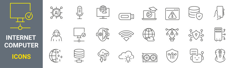 Internet computer web icons in line style. Cloud technology, data center, connection network, digital service, collection. Vector illustration.