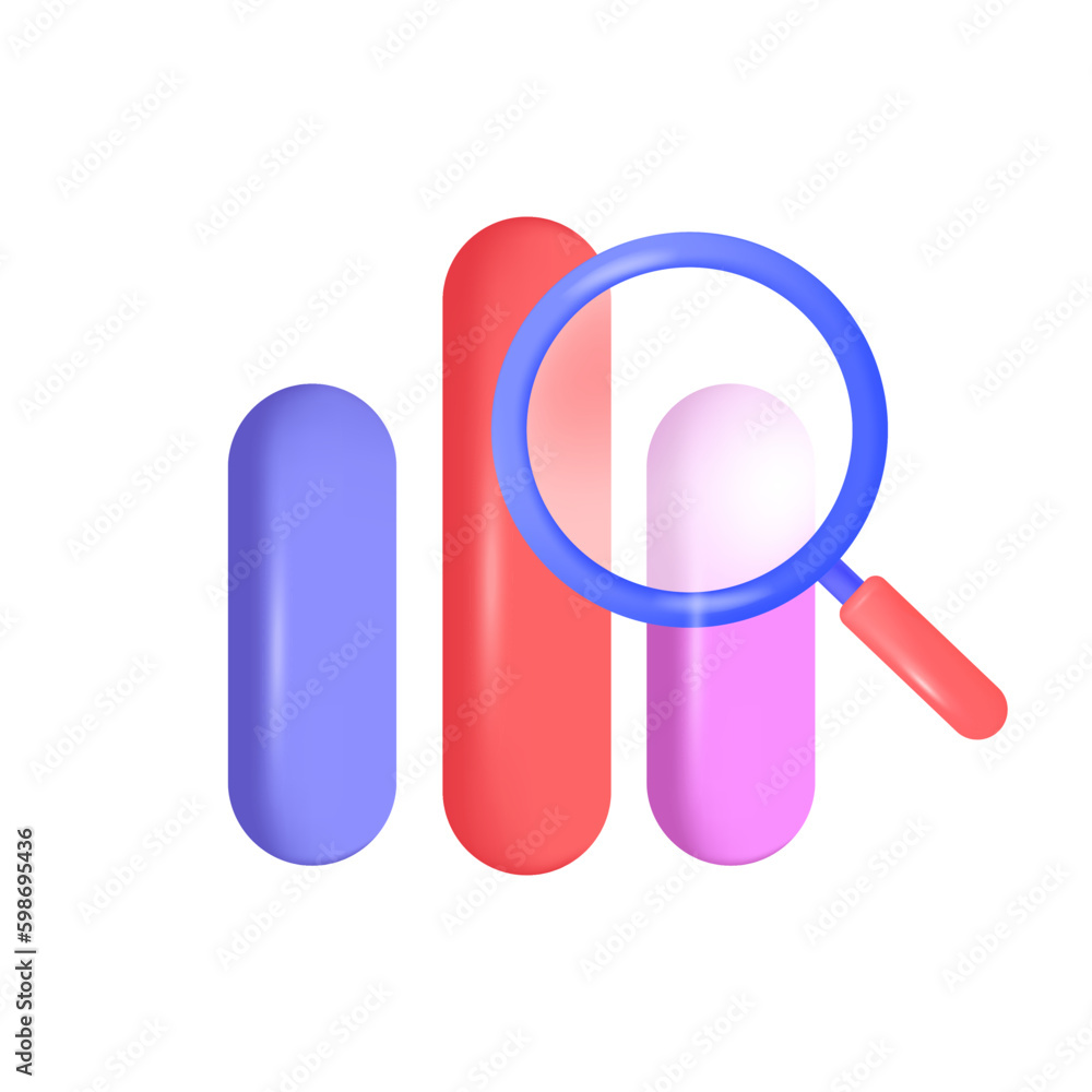 Aufkleber magnifier and colorful graphs or bars 3d illustration. drawing of statistics or data analysis for pr