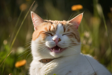 Fototapeta premium Funny cat laughing. Happy and kind relaxed kitten face with happy satisfied smile. Generated AI.