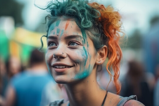 A girl with colored hair smiles at the camera. generative ai