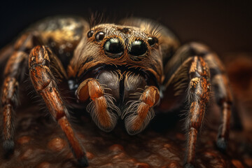 A spider with big eyes sits on a brown surface.. Generative Ai