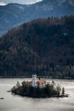 The church on an island on Lake Bled in Slovenia