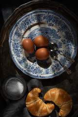 Boiled,eggs, croissants. Vintage tableware. Sunlit rustic breakfast table. Flat lay composition.