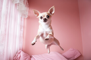 Cute chihuahua puppy jumping in the pink room. Tiny dog soaring in light veil and tulle. Generated AI.