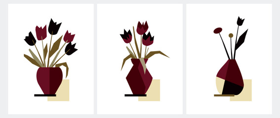 Simple Hand Drawn Floral Vector Print with Bouquete of Tulips in a Flowerpot isolated on a White Background. Infantile Style Abstract Blooming Flowers. Naive Floral Print ideal for Card, Wall Art.