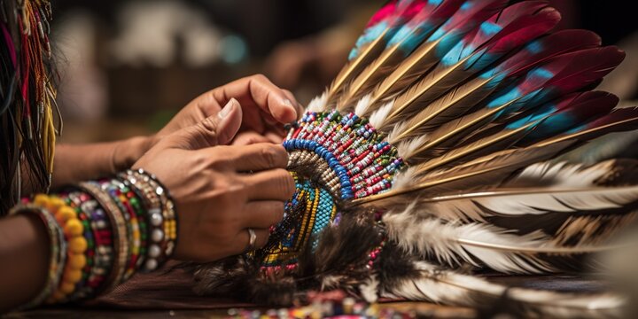 Hands craft a traditional native american headdress, adorned with a colorful array of feathers and beads, concept of Indigenous artistry, created with Generative AI technology Generative AI