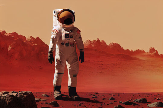 Ravishing digital illustration of Mars landscape feature with red surface and mountain with astronaut. Space exploration and martian on red planet concept by generative AI. Generative AI