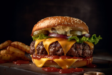 A cheeseburger with ketchup and tomato sauce on a wooden board. generative ai