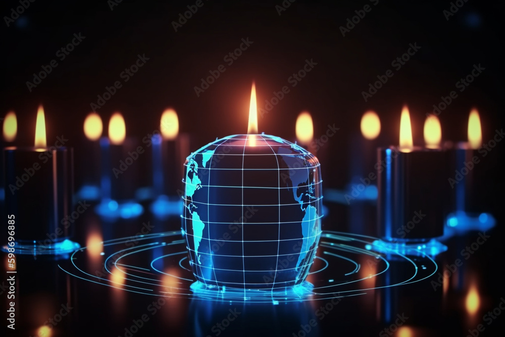 Poster earth hud surrounded by candl light. end of world, artificial inteligence danger.generative ai gener
