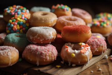 A table full of different doughnuts including one with a colorful sprinkles. generative ai