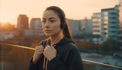 Young woman jogging with headphones at sunset generated by AI