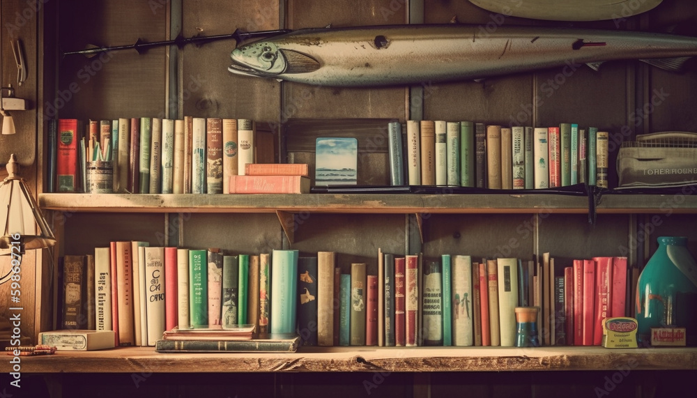 Poster abundance of knowledge on old bookshelf generated by ai