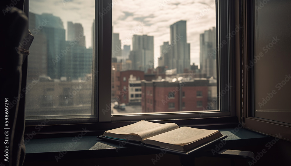 Aufkleber reading textbook on table by window sill generated by ai