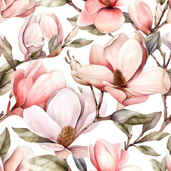 Floral seamless pattern with pink magnolia flowers, leaves and buds on white background. Seamless vintage floral pattern for gift wrap, fabric, cover, greeting cards and interior design with flowers. 