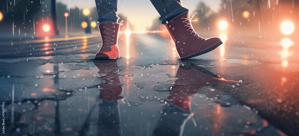 Poster a person walking in the rain in red boots. ai generative image.