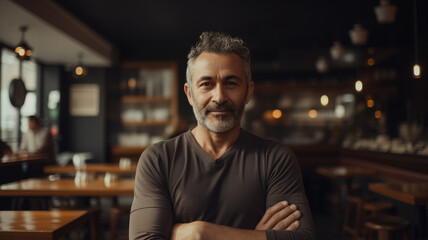 Fototapeta premium A man stands in a bar with his arms crossed. generative ai