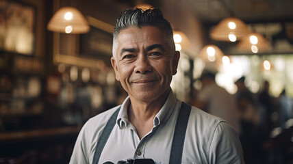 Fototapeta premium A man with a camera in his hands stands in a bar with a light hanging from the ceiling. generative ai