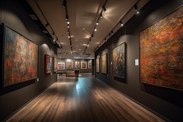A gallery with paintings on the wall and a wall with the words'art in the background. generative ai