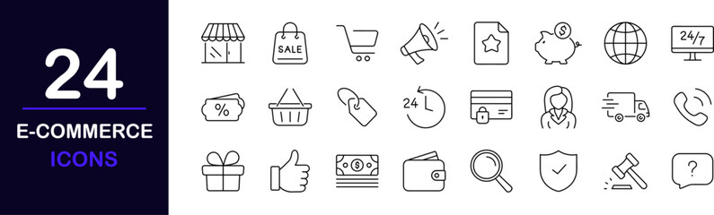 E - Commerce web icons set. E - Commerce - simple thin line icons collection. Containing shopping cart, support, credit card, discount, search, market, shop, delivery and more. Simple web icons set